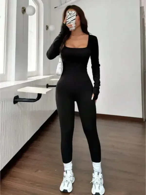 Kadın Uzun Kollu Kare Yakalı Fermuarlı Parmaktan Geçmeli Dalgıç Tulum - 4