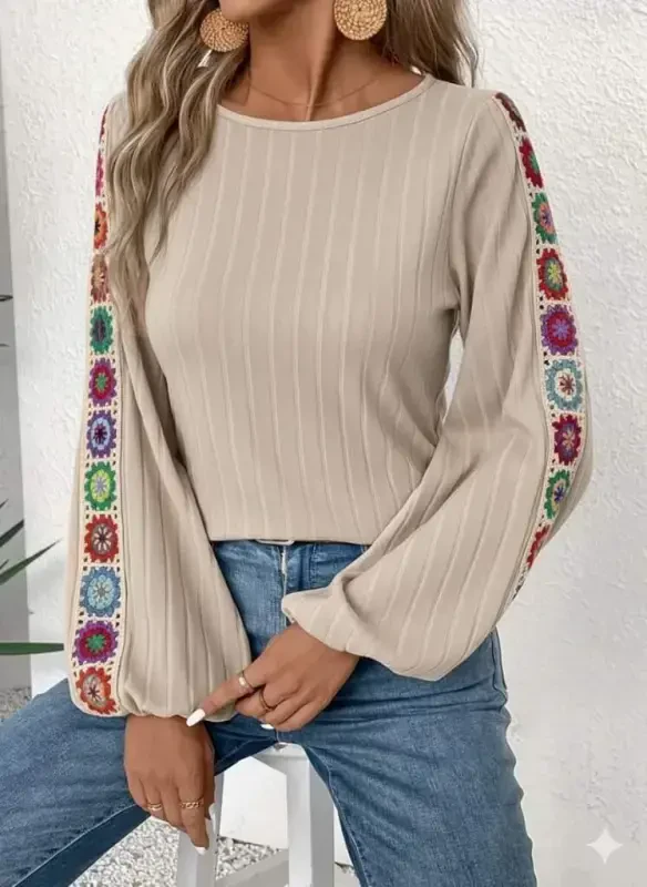 Kadın Uzun Kollu Kayık Yaka şardonlu Kaşkorse Bej Bluz - BÜYÜKBEDENIZ