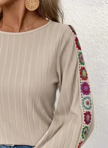 Kadın Uzun Kollu Kayık Yaka şardonlu Kaşkorse Bej Bluz - BÜYÜKBEDENIZ (1)