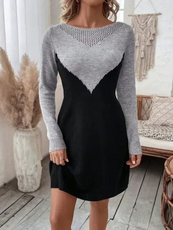 Kadın Uzun Kollu Kayık Yakalı çift Renk Mini Triko Elbise - 3