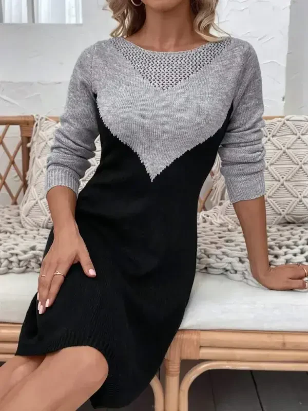 Kadın Uzun Kollu Kayık Yakalı çift Renk Mini Triko Elbise - 4