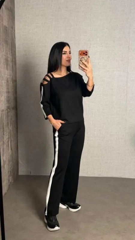 Kadın Uzun Kollu Kolu Tül Yanları şerit Detay Modal Ikili Takım - 2