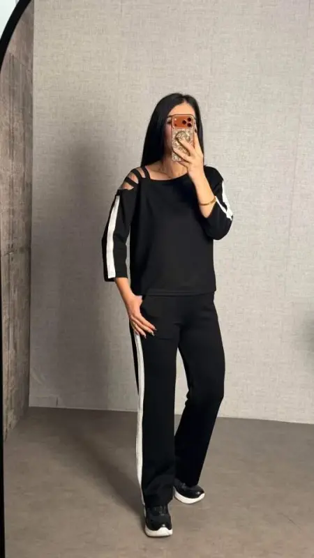 Kadın Uzun Kollu Kolu Tül Yanları şerit Detay Modal Ikili Takım - 3