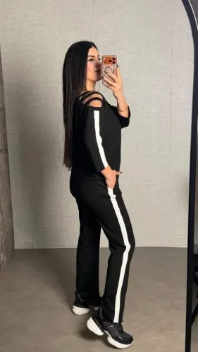 Kadın Uzun Kollu Kolu Tül Yanları şerit Detay Modal Ikili Takım - 4