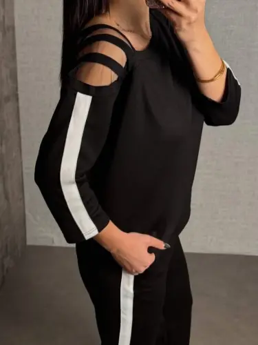 Kadın Uzun Kollu Kolu Tül Yanları şerit Detay Modal Ikili Takım - 6