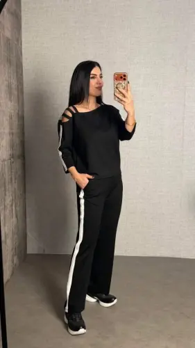 Kadın Uzun Kollu Kolu Tül Yanları şerit Detay Modal Ikili Takım - BÜYÜKBEDENIZ (1)