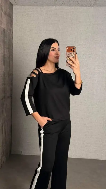 Kadın Uzun Kollu Kolu Tül Yanları şerit Detay Modal Ikili Takım - BÜYÜKBEDENIZ