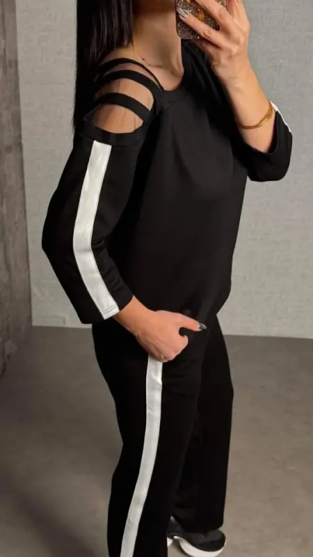 Kadın Uzun Kollu Kolu Tül Yanları şerit Detay Modal Ikili Takım - 5