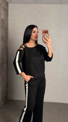 Kadın Uzun Kollu Kolu Tül Yanları şerit Detay Modal Ikili Takım - 1