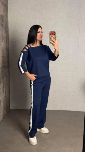 Kadın Uzun Kollu Kolu Tül Yanları şerit Detay Modal Ikili Takım - 1