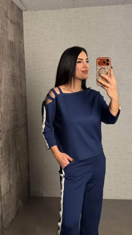 Kadın Uzun Kollu Kolu Tül Yanları şerit Detay Modal Ikili Takım - 2