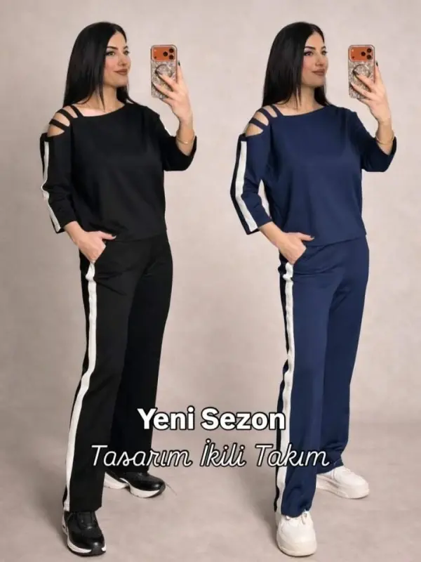 Kadın Uzun Kollu Kolu Tül Yanları şerit Detay Modal Ikili Takım - 5