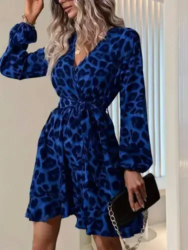 Kadın Uzun Kollu Kruvaze Yaka Belden Kuşaklı çapraz Kesim Detaylı Leopar Modal Mini Elbise - 1