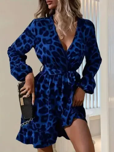 Kadın Uzun Kollu Kruvaze Yaka Belden Kuşaklı çapraz Kesim Detaylı Leopar Modal Mini Elbise - 3
