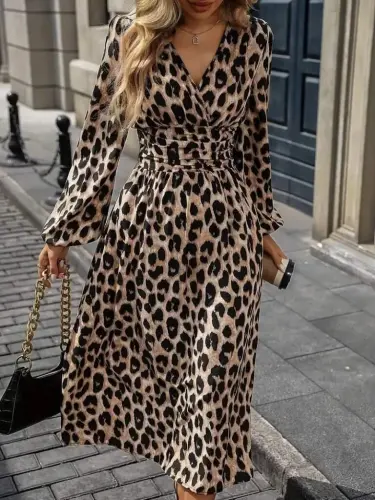 Kadın Uzun Kollu Kruvaze Yaka Belden Oturtmalı Midi Modal Leopar Desenli Elbise - 4