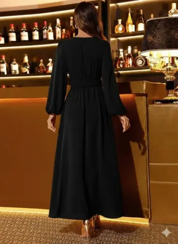 Kadın Uzun Kollu Kruvaze Yaka Beli Kemerli Yırtmaçlı Uzun Ithal Krep Elbise - BÜYÜKBEDENIZ (1)