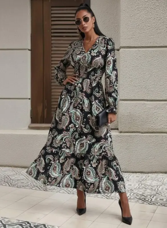 Kadın Uzun Kollu Kruvaze Yaka Beli Lastikli Uzun Desenli Maxi Elbise - 1