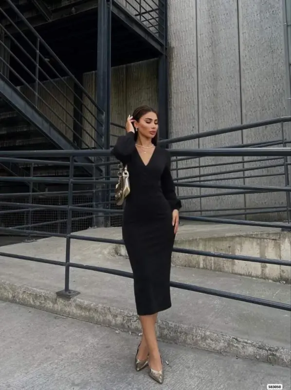 Kadın Uzun Kollu Kruvaze Yaka Büzgü Ve Balon Kol Detay Krep Kumaş Maxi Boy Elbise - 4