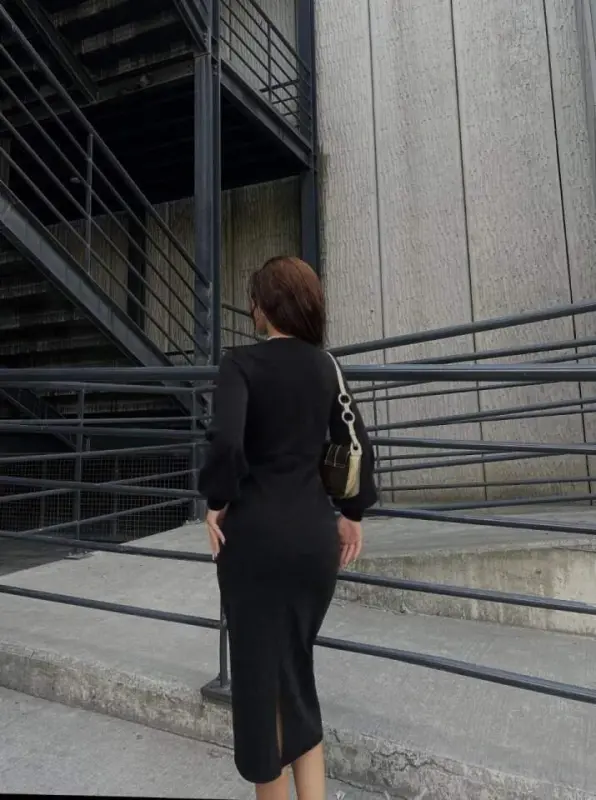 Kadın Uzun Kollu Kruvaze Yaka Büzgü Ve Balon Kol Detay Krep Kumaş Maxi Boy Elbise - 5