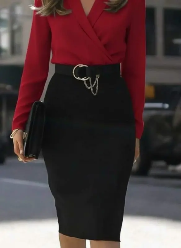 Kadın Uzun Kollu Kruvaze Yaka Janjan Krep Midi Elbise - 3