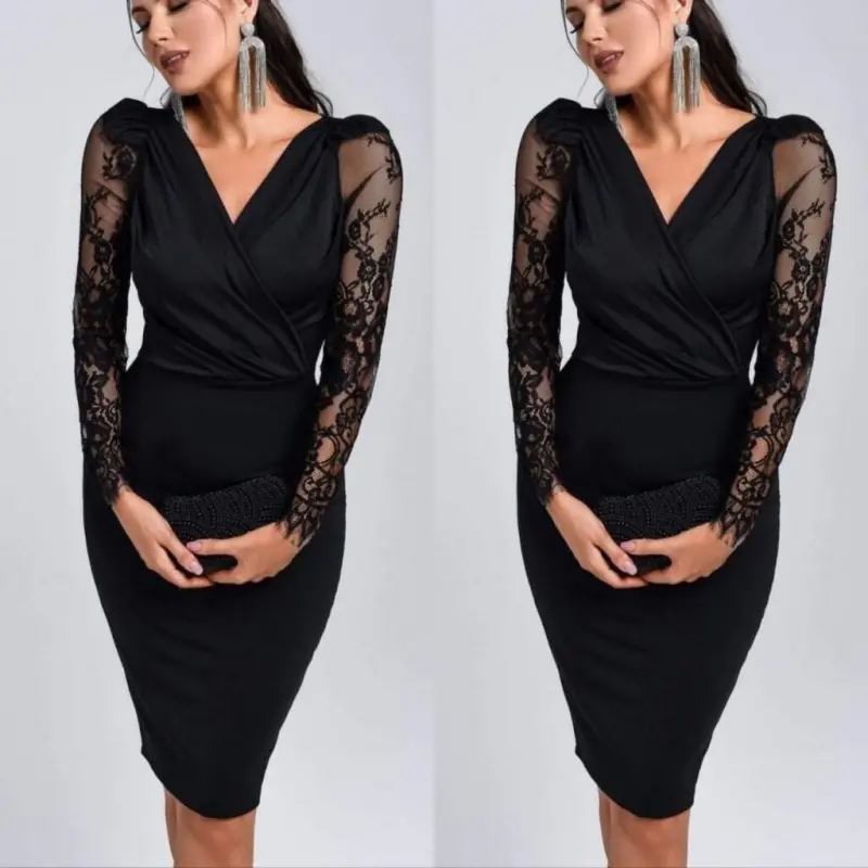 Kadın Uzun Kollu Kruvaze Yaka Kollar Tül Detay Ithal Krep Mini Boy Elbise - 3