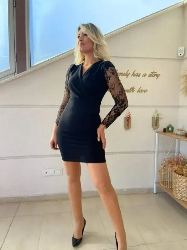 Kadın Uzun Kollu Kruvaze Yaka Kollar Tül Detay Krep Mini Boy Elbise - 4