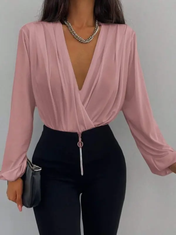 Kadın Uzun Kollu Kruvaze Yaka Sandy Bluz - BÜYÜKBEDENIZ