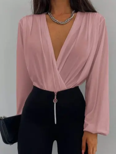 Kadın Uzun Kollu Kruvaze Yaka Sandy Bluz - BÜYÜKBEDENIZ (1)