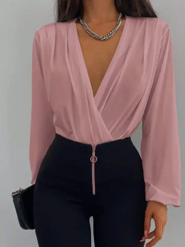 Kadın Uzun Kollu Kruvaze Yaka Sandy Bluz - 3