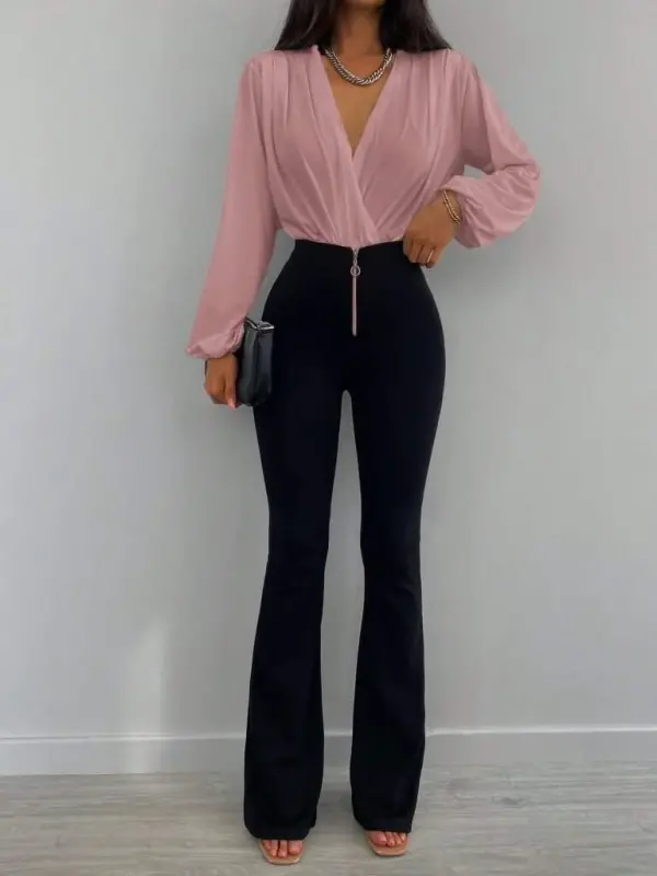 Kadın Uzun Kollu Kruvaze Yaka Sandy Bluz - 5