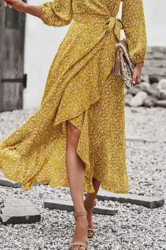 Kadın Uzun Kollu Kruvaze Yaka Yandan Bağlamalı önden Fırfır Detaylı Süprem Uzun Elbise - 3