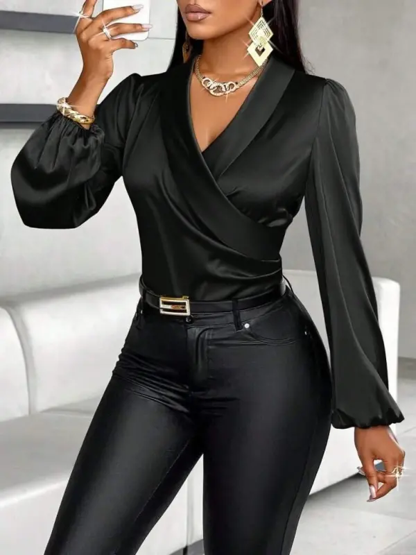 Kadın Uzun Kollu Kruvaze Yakalı Asimetrik Saten Bluz - 4