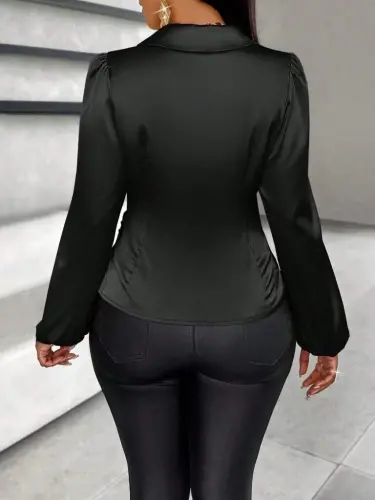 Kadın Uzun Kollu Kruvaze Yakalı Asimetrik Saten Bluz - 5