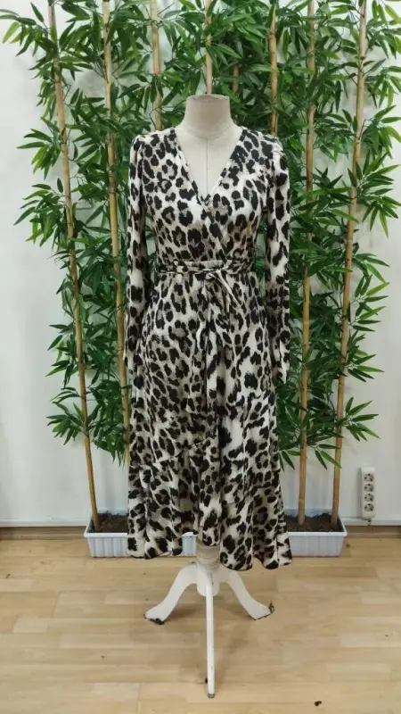 Kadın Uzun Kollu Kruvaze Yakalı Belden Kuşaklı Leopar - 6