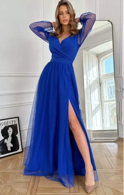 Kadın Uzun Kollu Kruvaze Yakalı Belden Kuşaklı Tüllü Uzun Ithal Krep Elbise - BÜYÜKBEDENIZ