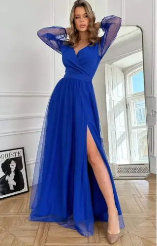 Kadın Uzun Kollu Kruvaze Yakalı Belden Kuşaklı Tüllü Uzun Ithal Krep Elbise - 1