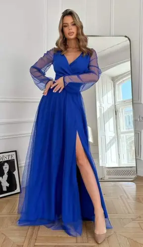 Kadın Uzun Kollu Kruvaze Yakalı Belden Kuşaklı Tüllü Uzun Ithal Krep Elbise - 3