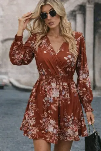 Kadın Uzun Kollu Kruvaze Yakalı çiçek Desenli Mini Süprem Elbise - BÜYÜKBEDENIZ (1)