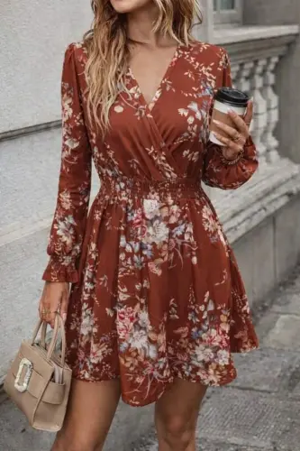 Kadın Uzun Kollu Kruvaze Yakalı çiçek Desenli Mini Süprem Elbise - 1