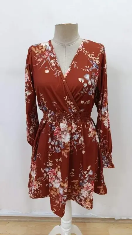 Kadın Uzun Kollu Kruvaze Yakalı çiçek Desenli Mini Süprem Elbise - 3