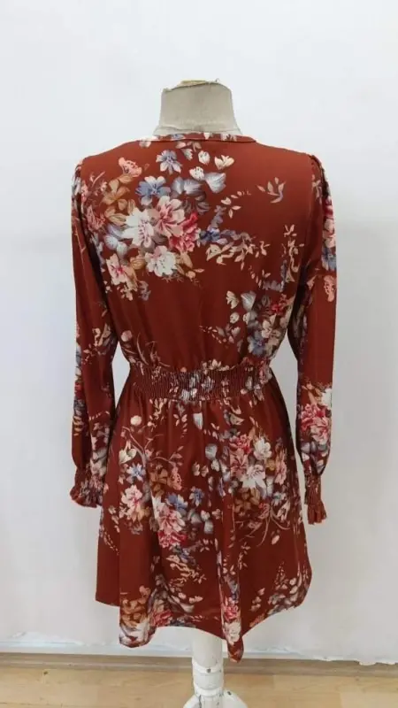 Kadın Uzun Kollu Kruvaze Yakalı çiçek Desenli Mini Süprem Elbise - 4