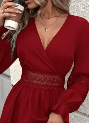 Kadın Uzun Kollu Kruvaze Yakalı Dantelli Fermuar Detaylı Mini Ithal Krep Elbise - BÜYÜKBEDENIZ (1)