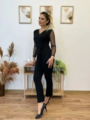 Kadın Uzun Kollu Kruvaze Yakalı Kolları Tül Detay Beli Kuşaklı Ithal Krep Tulum - 17