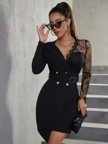 Kadın Uzun Kollu Kruvaze Yakalı önden Düğmeli Kısa Ithal Krep Elbise - 2