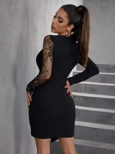 Kadın Uzun Kollu Kruvaze Yakalı önden Düğmeli Kısa Ithal Krep Elbise - 3