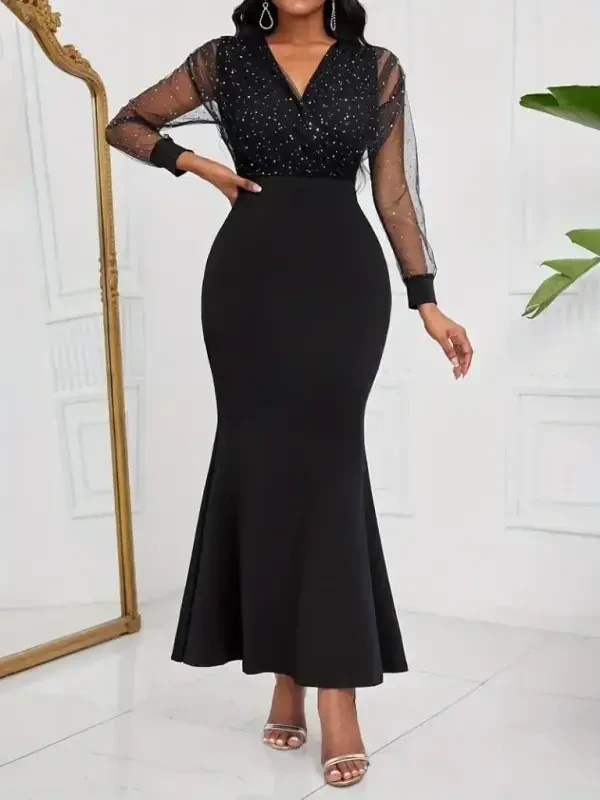 Kadın Uzun Kollu Kruvaze Yakalı Taş Ve Tül Detaylı Uzun Ithal Krep Elbise - BÜYÜKBEDENIZ