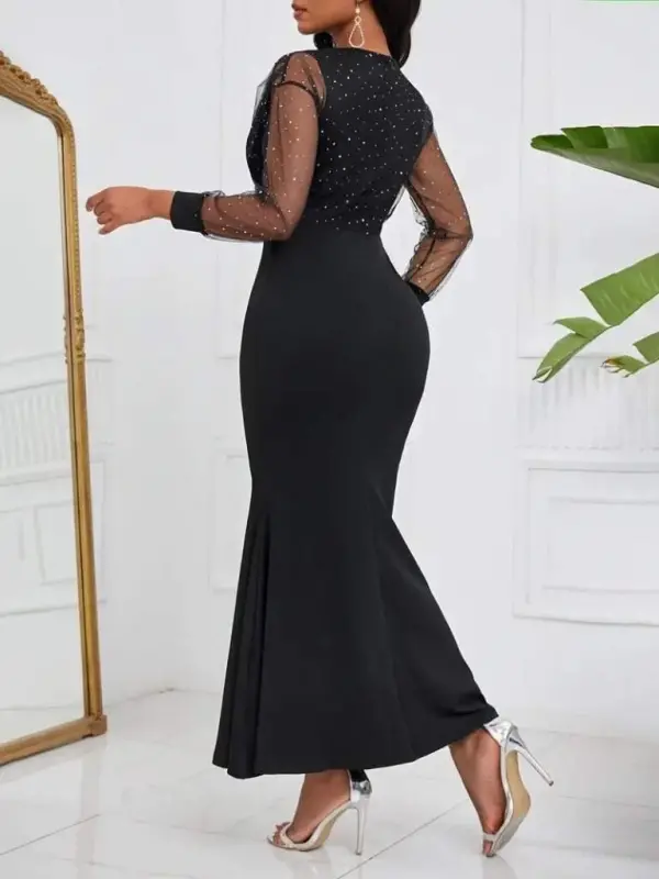 Kadın Uzun Kollu Kruvaze Yakalı Taş Ve Tül Detaylı Uzun Ithal Krep Elbise - 3