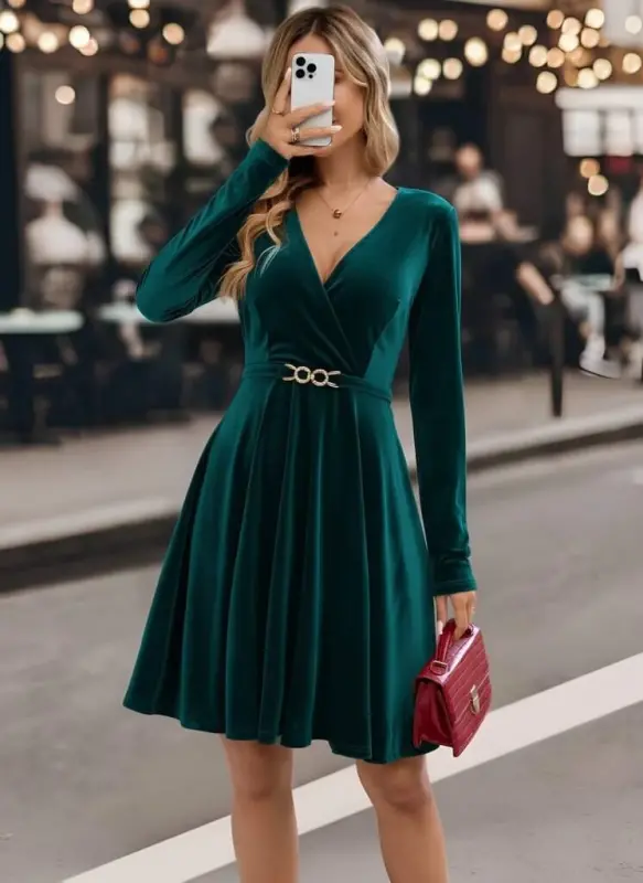 Kadın Uzun Kollu Kruvaze Yakalı Toka Detaylı Mini Kadife Elbise - 2