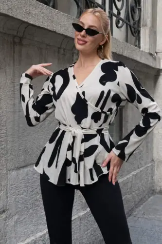 Kadın Uzun Kollu Kruvaze Yakalı Yandan Bağlamalı Kısa Beli Kuşaklı Modal Bluz - 3