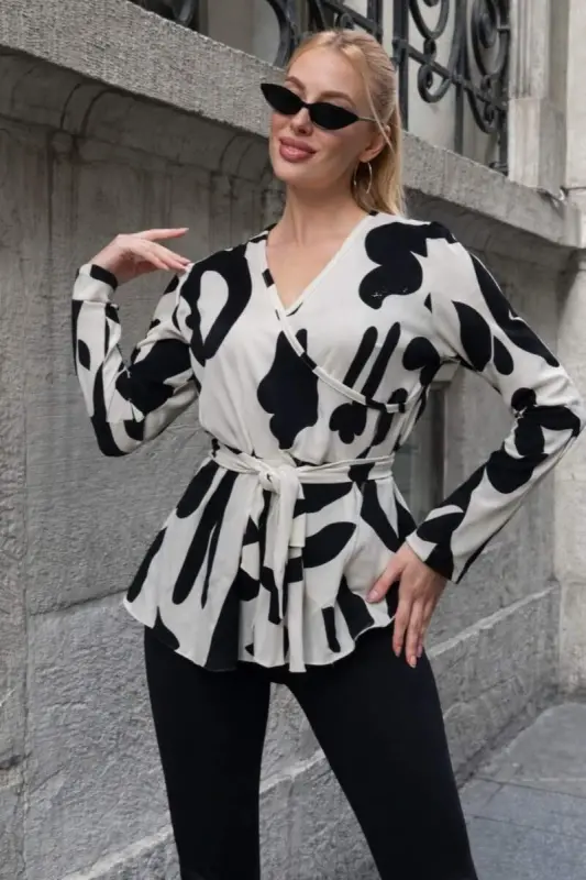 Kadın Uzun Kollu Kruvaze Yakalı Yandan Bağlamalı Kısa Beli Kuşaklı Modal Bluz - 3